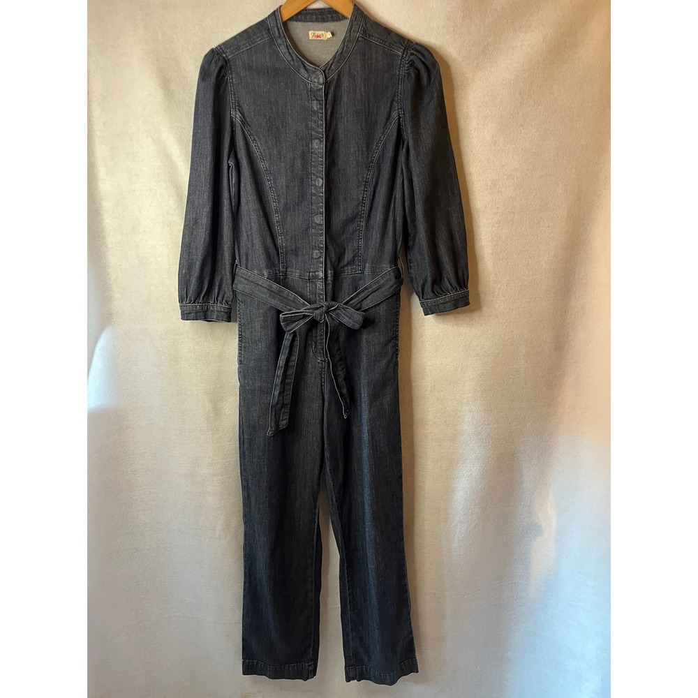 Faherty Charlotte Denim Jumpsuit Dark Rinse Puff Sleeves Wait Tie Cotton Sz S